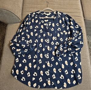 Skies Are Blue Teal Blue Green White Floral Button Office Casual Top Size 2X